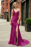Red One-Shoulder 3D Floral Lace Pleated Long Gown with Slit