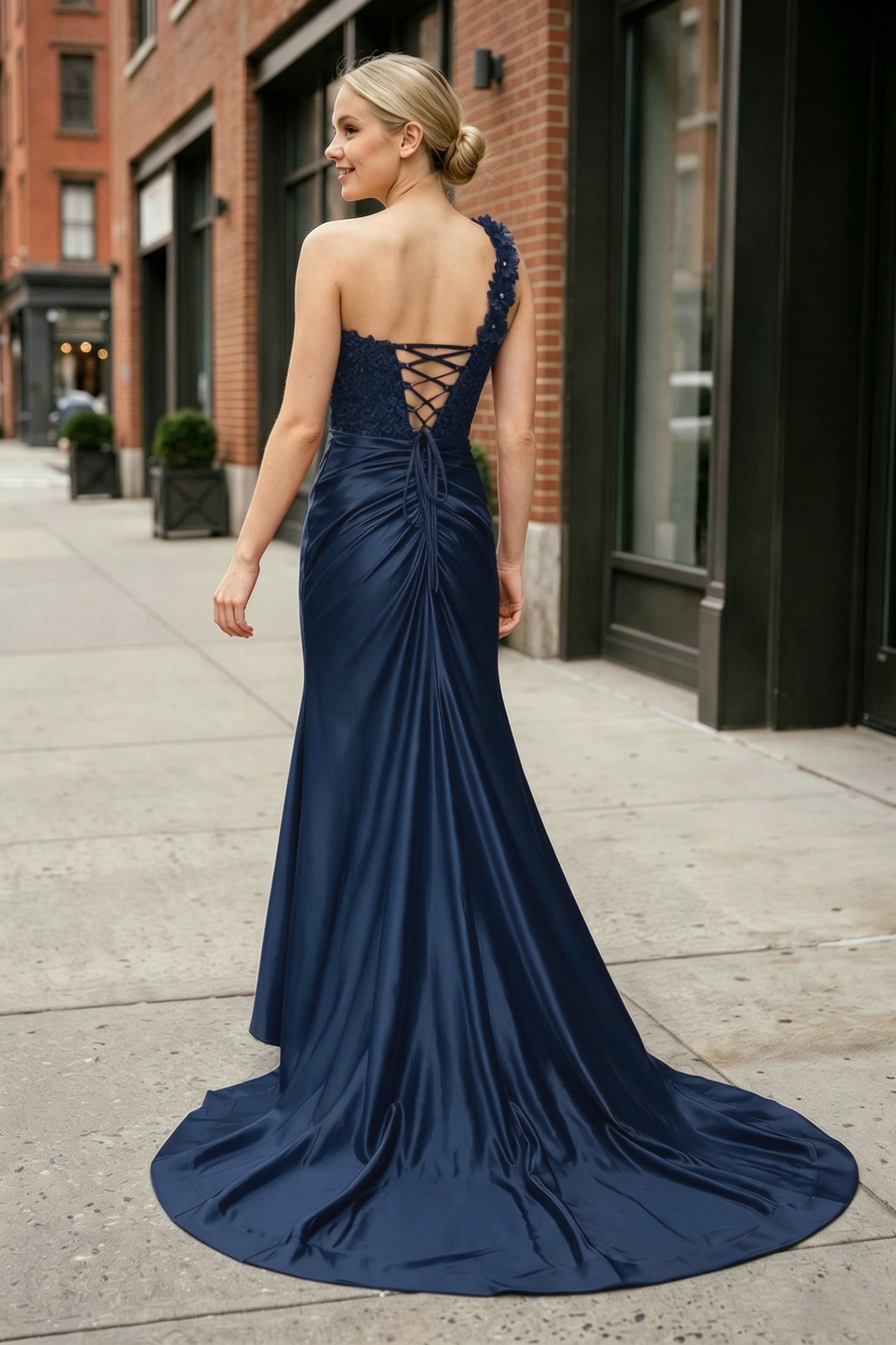 Red One-Shoulder 3D Floral Lace Pleated Long Gown with Slit
