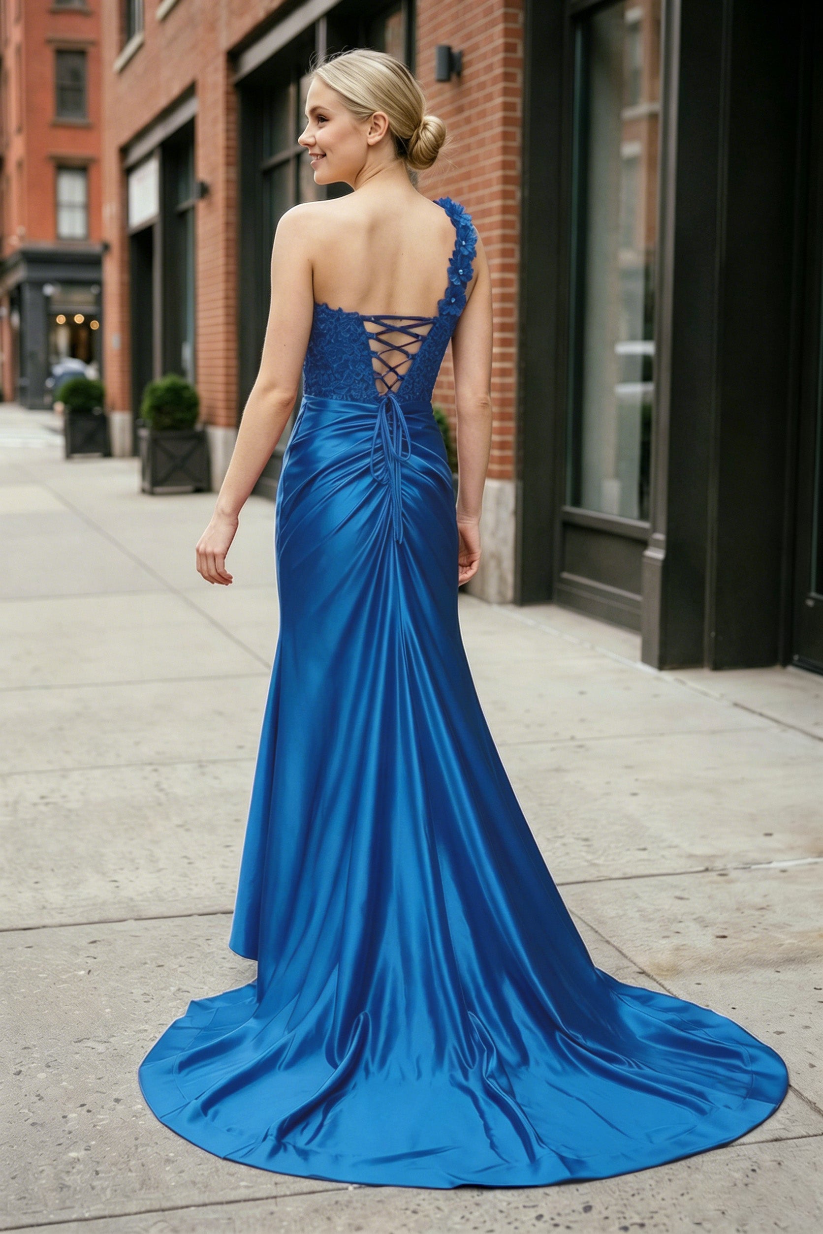 Red One-Shoulder 3D Floral Lace Pleated Long Gown with Slit