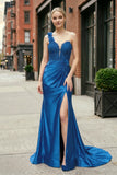 Red One-Shoulder 3D Floral Lace Pleated Long Gown with Slit