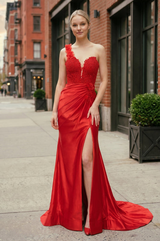Red One-Shoulder 3D Floral Lace Pleated Long Gown with Slit