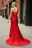 Red One-Shoulder 3D Floral Lace Pleated Long Gown with Slit