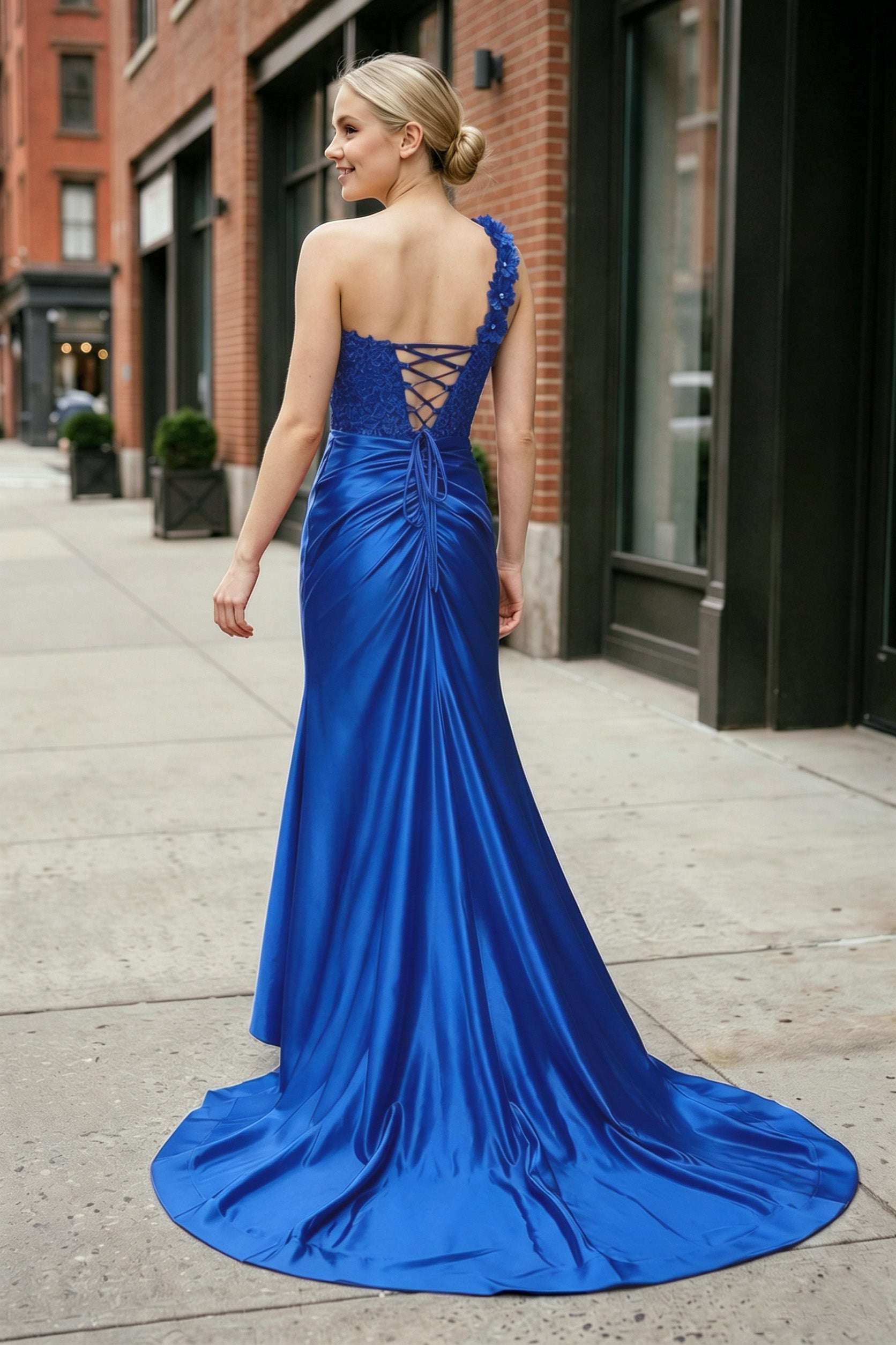 Red One-Shoulder 3D Floral Lace Pleated Long Gown with Slit