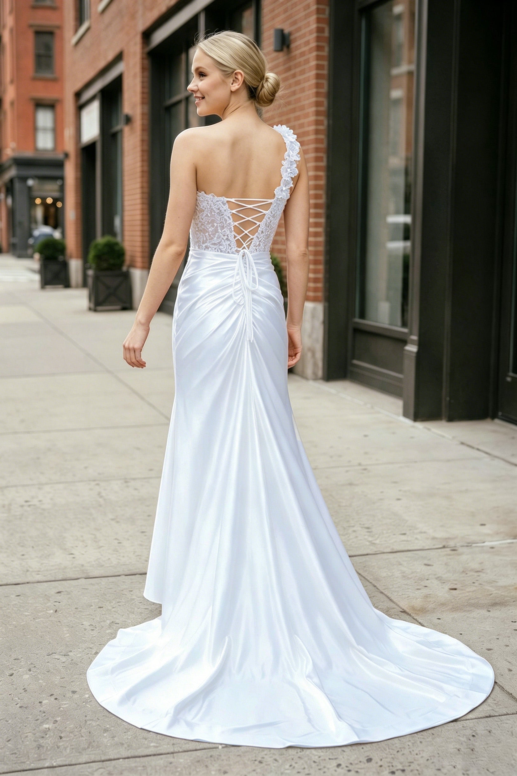 Red One-Shoulder 3D Floral Lace Pleated Long Gown with Slit