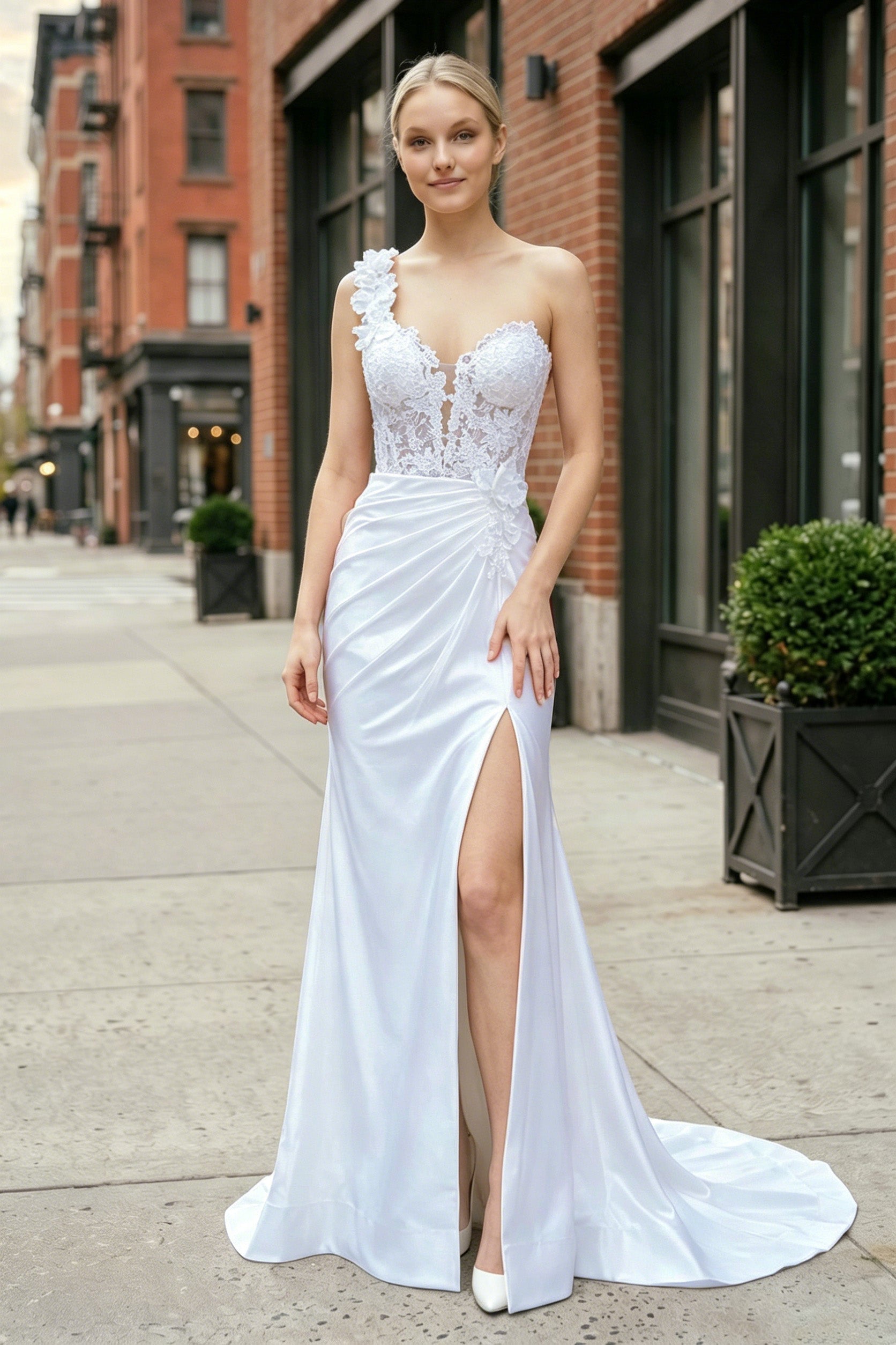 Red One-Shoulder 3D Floral Lace Pleated Long Gown with Slit