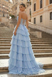 Sky Blue Sweetheart A Line Chiffon Ruffled Long Formal Prom Dresses With Sequins
