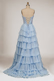 Sky Blue Sweetheart A Line Chiffon Ruffled Long Formal Prom Dresses With Sequins