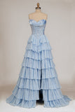 Sky Blue Sweetheart A Line Chiffon Ruffled Long Formal Prom Dresses With Sequins