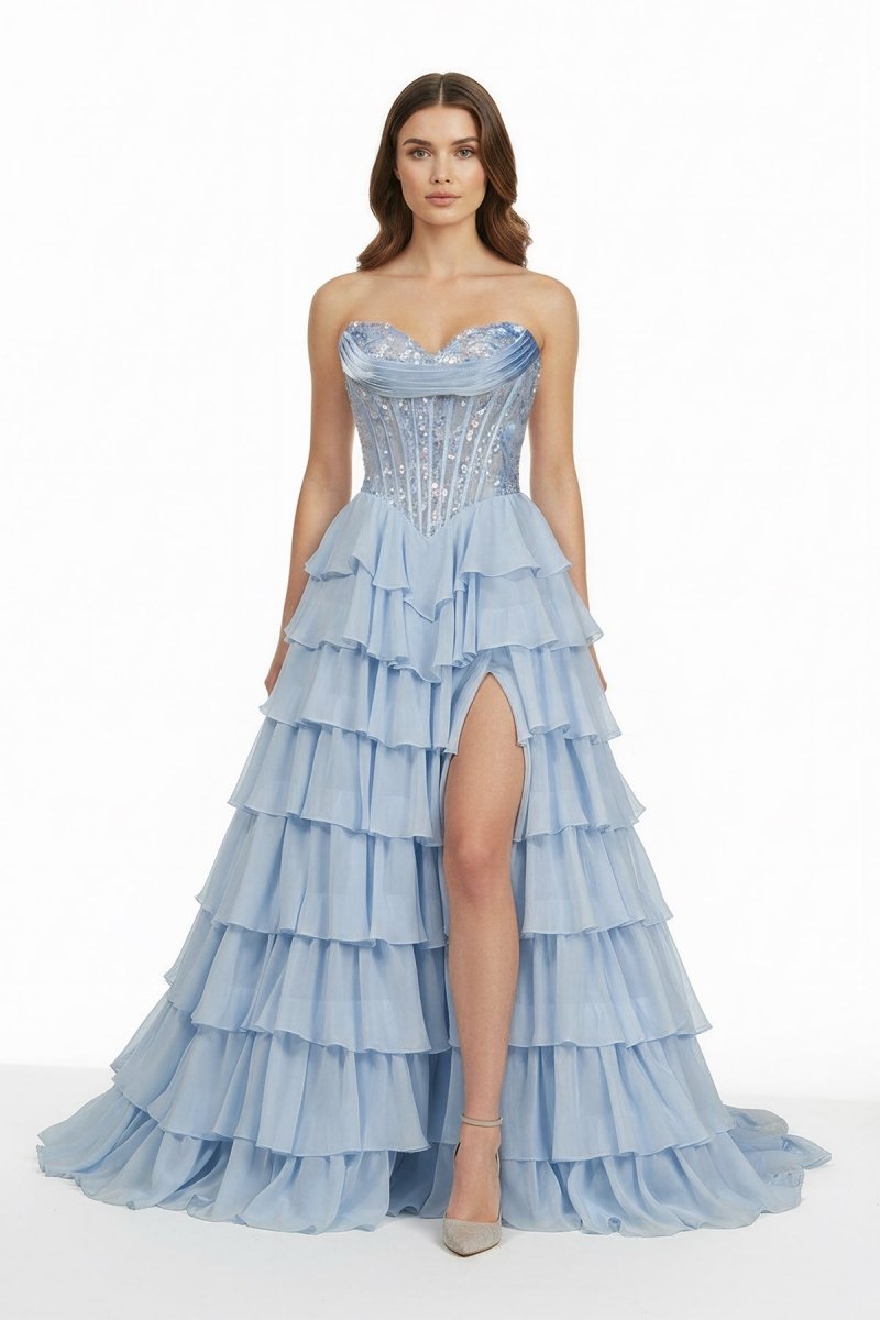 Sky Blue Sweetheart A Line Chiffon Ruffled Long Formal Prom Dresses With Sequins