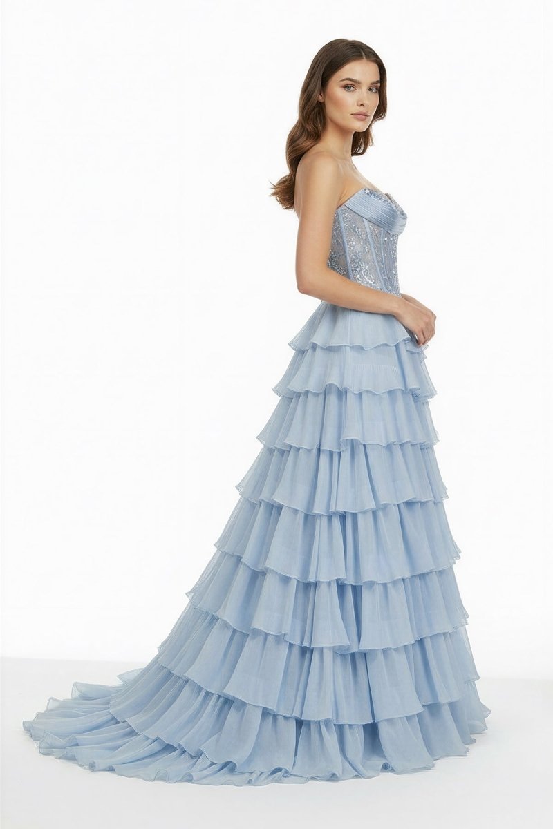 Sky Blue Sweetheart A Line Chiffon Ruffled Long Formal Prom Dresses With Sequins