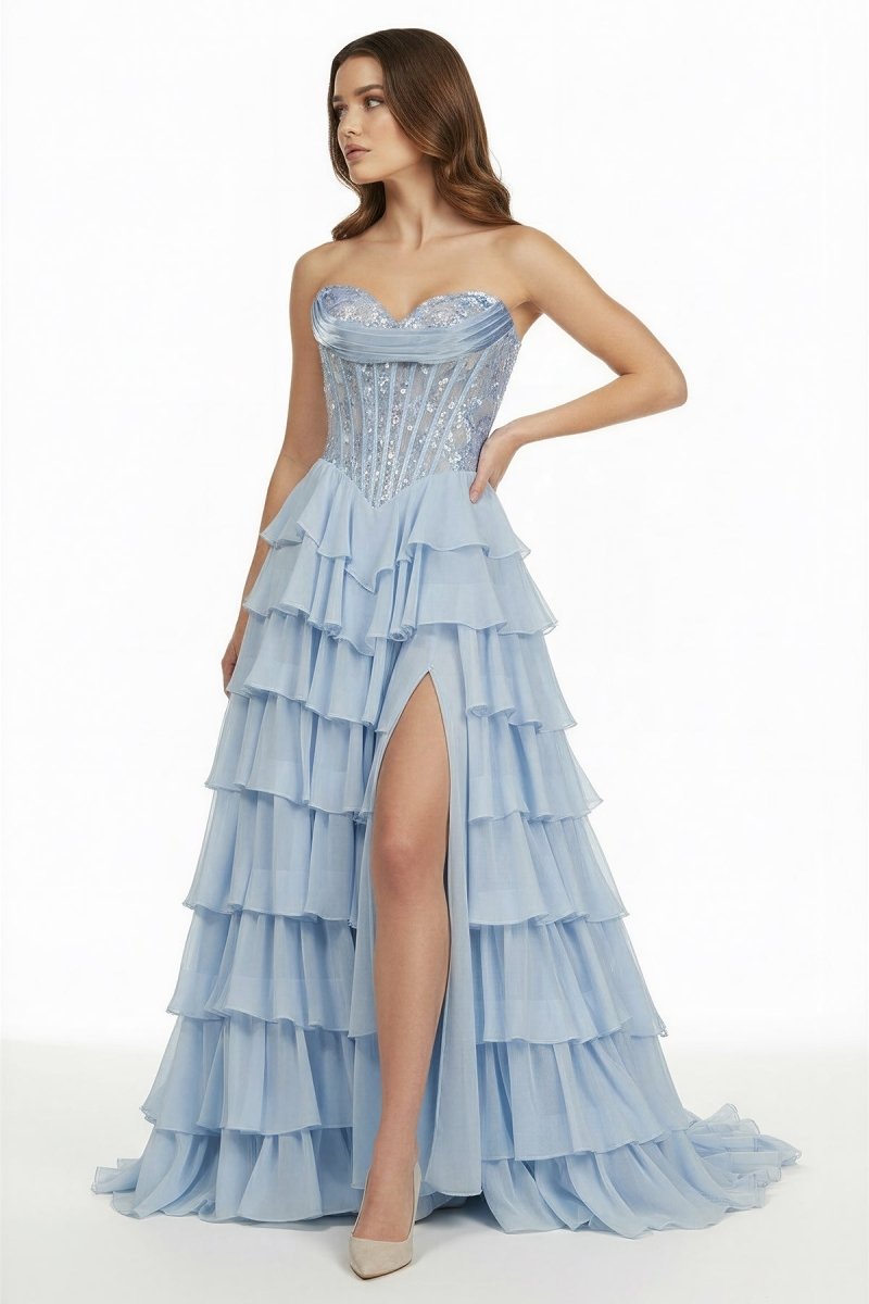 Sky Blue Sweetheart A Line Chiffon Ruffled Long Formal Prom Dresses With Sequins