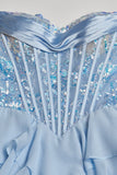 Sky Blue Sweetheart A Line Chiffon Ruffled Long Formal Prom Dresses With Sequins