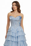 Sky Blue Sweetheart A Line Chiffon Ruffled Long Formal Prom Dresses With Sequins