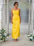 Sheath/Column Satin Ruched Spaghetti Straps Sleeveless Ankle-Length Bridesmaid Dresses Evening Dress