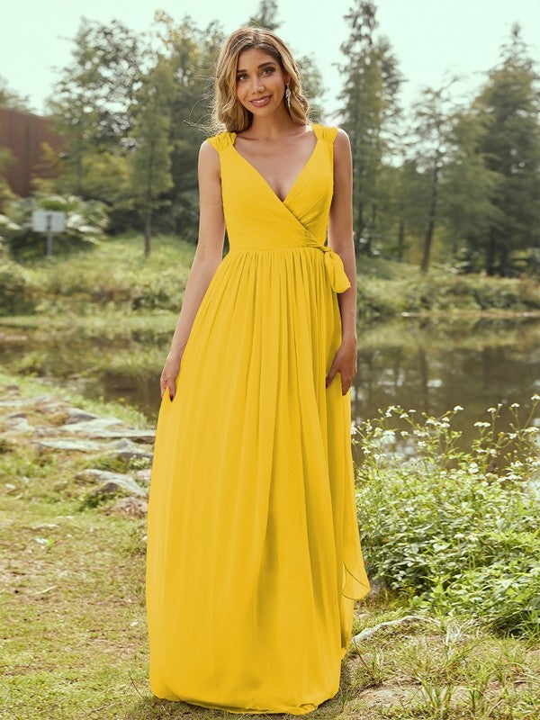 A-Line/Princess Chiffon Ruffles V-neck Sleeveless Floor-Length Bridesmaid Dresses Evening Prom Dress