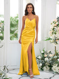 Sheath/Column Silk like Satin Ruched Spaghetti Straps Sleeveless Sweep/Brush Train Bridesmaid Dresses Evening Dress