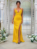 Sheath/Column Silk like Satin Ruched V-neck Sleeveless Sweep/Brush Train Bridesmaid Dresses Evening Dress
