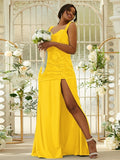 Sheath/Column Polyester Ruched Sweetheart Sleeveless Sweep/Brush Train Bridesmaid Dresses Evening Dress