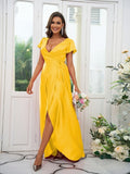 A-Line/Princess Silk like Satin Ruched V-neck Short Sleeves Floor-Length Bridesmaid Dresses Evening Dress