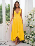 A-Line/Princess Silk like Satin Ruffles V-neck Sleeveless Ankle-Length Bridesmaid Dresses Prom Dress