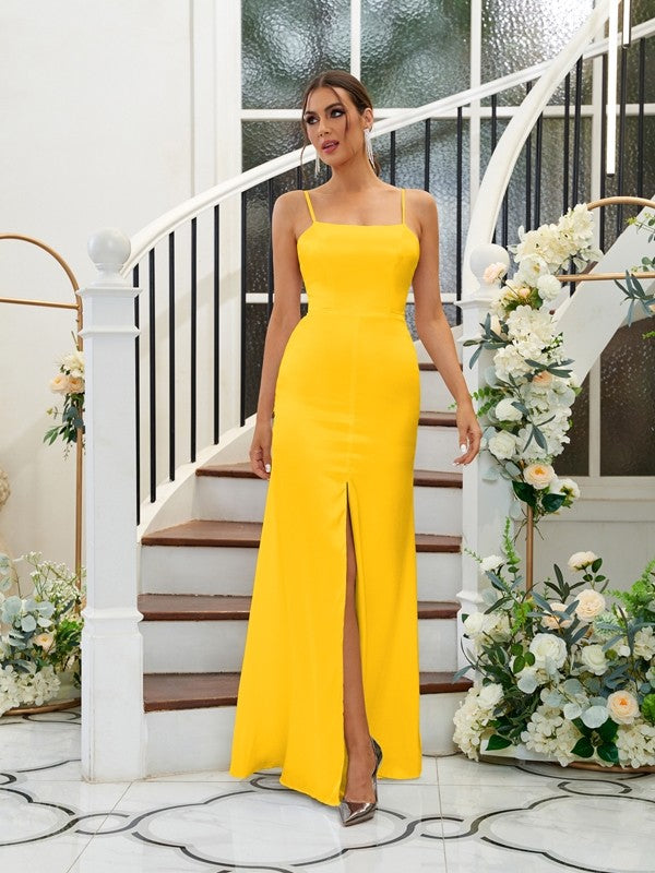 A-Line/Princess Silk like Satin Ruffles Spaghetti Straps Sleeveless Floor-Length Bridesmaid Dresses Evening Dress