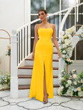 A-Line/Princess Silk like Satin Ruffles Spaghetti Straps Sleeveless Floor-Length Bridesmaid Dresses Evening Dress