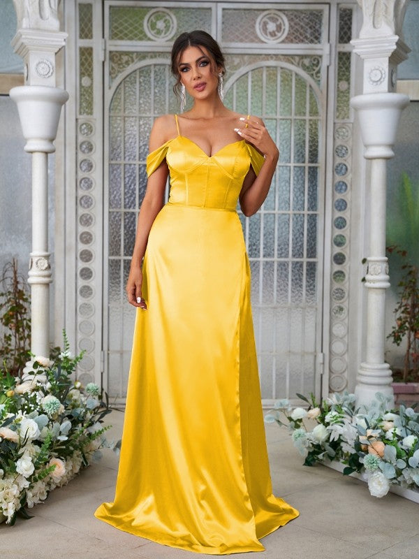 A-Line/Princess Silk like Satin Ruched Sweetheart Sleeveless Sweep/Brush Train Bridesmaid Dresses Evening Dress