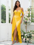 A-Line/Princess Silk like Satin Ruched V-neck Sleeveless Floor-Length Bridesmaid Dresses Evening Dress