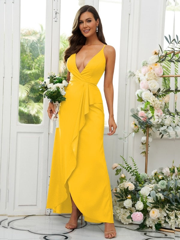 A-Line/Princess Silk like Satin Ruffles V-neck Sleeveless Floor-Length Bridesmaid Dresses Prom Dress