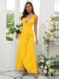 A-Line/Princess Silk like Satin Ruffles V-neck Sleeveless Floor-Length Bridesmaid Dresses Prom Dress