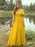 A-Line/Princess Chiffon Ruffles V-neck Short Sleeves Floor-Length Bridesmaid Dresses Evening Prom Dress
