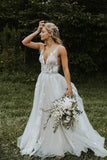 Marvelous V-neck A-Line Wedding Dress Tulle Appliques Rustic Wedding Dress