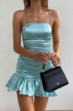 Aqua Spaghetti Straps Pleated Satin Sleeveless Short Homecoming Dress