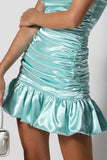 Aqua Spaghetti Straps Pleated Satin Sleeveless Short Homecoming Dress