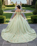 Sage Green Off The Shoulder Lace Up Back Ball Gown Quinceanera Dress