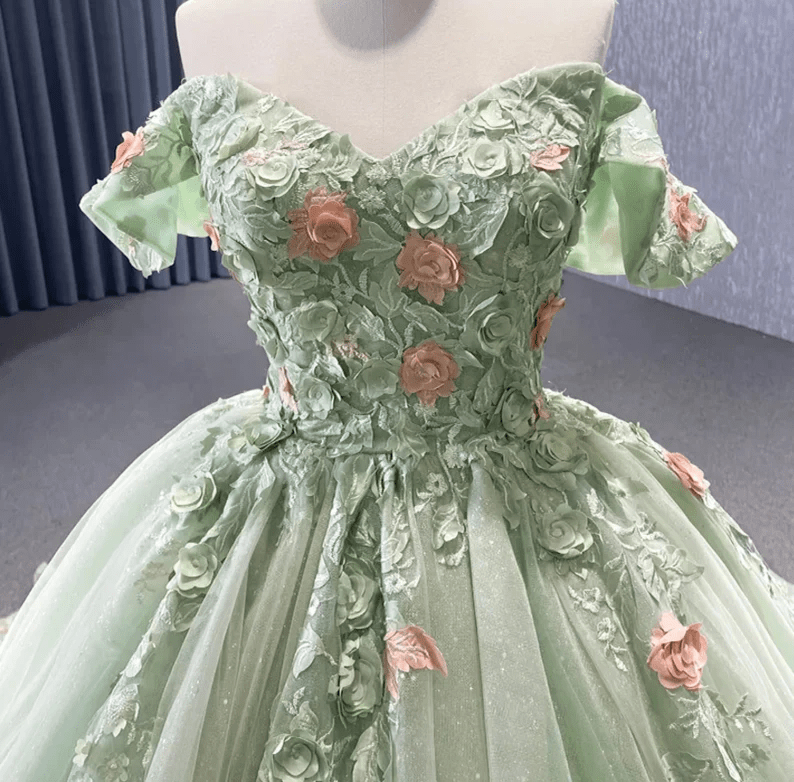 Sage Green Off The Shoulder Lace Up Back Ball Gown Quinceanera Dress