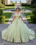Sage Green Off The Shoulder Lace Up Back Ball Gown Quinceanera Dress