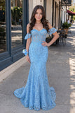 Blue Floral Lace Off-the-Shoulder Ruffle Long Prom Dress