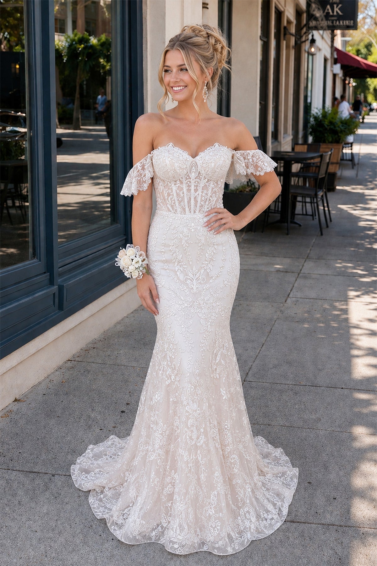 Blue Floral Lace Off-the-Shoulder Ruffle Long Prom Dress