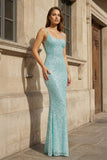 Simple Pink Mermaid Straps Sequin Prom Dresses With Split