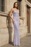 Simple Pink Mermaid Straps Sequin Prom Dresses With Split