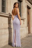 Simple Pink Mermaid Straps Sequin Prom Dresses With Split