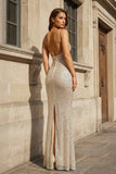 Simple Pink Mermaid Straps Sequin Prom Dresses With Split