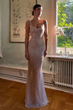 Simple Pink Mermaid Straps Sequin Prom Dresses With Split