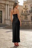 Red Halter Sheath Satin Long Formal Prom Dresses With Flower