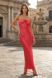 Red Halter Sheath Satin Long Formal Prom Dresses With Flower