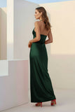 Red Halter Sheath Satin Long Formal Prom Dresses With Flower