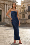 Red Halter Sheath Satin Long Formal Prom Dresses With Flower