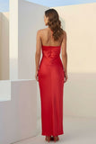 Red Halter Sheath Satin Long Formal Prom Dresses With Flower