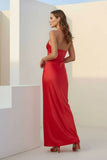 Red Halter Sheath Satin Long Formal Prom Dresses With Flower